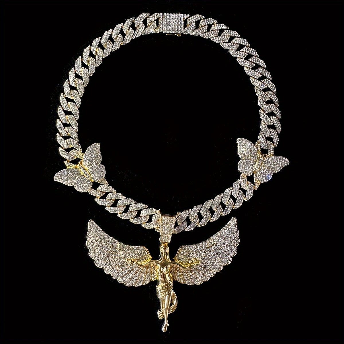 Glamorous Rhinestone Angel Winged Goddess Pendant Necklace with Butterfly - Unisex Zinc Alloy Cuban Chain for Party, Street Style, Night Club - Hip Hop Rapper Jewelry, Thanksgiving and Christmas Gift