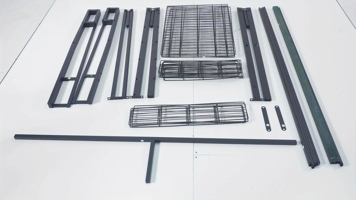 Bed Frame Available in Full, Queen, And King Sizes Featuring LED Lights And a Charging Station. This Metal Platform Bed Includes a Two-Tier Wooden Storage Headboard And Four Storage Drawers. It Operates Quietly, Does Not Requ