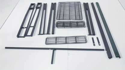 Bed Frame Available in Full, Queen, And King Sizes Featuring LED Lights And a Charging Station. This Metal Platform Bed Includes a Two-Tier Wooden Storage Headboard And Four Storage Drawers. It Operates Quietly, Does Not Requ