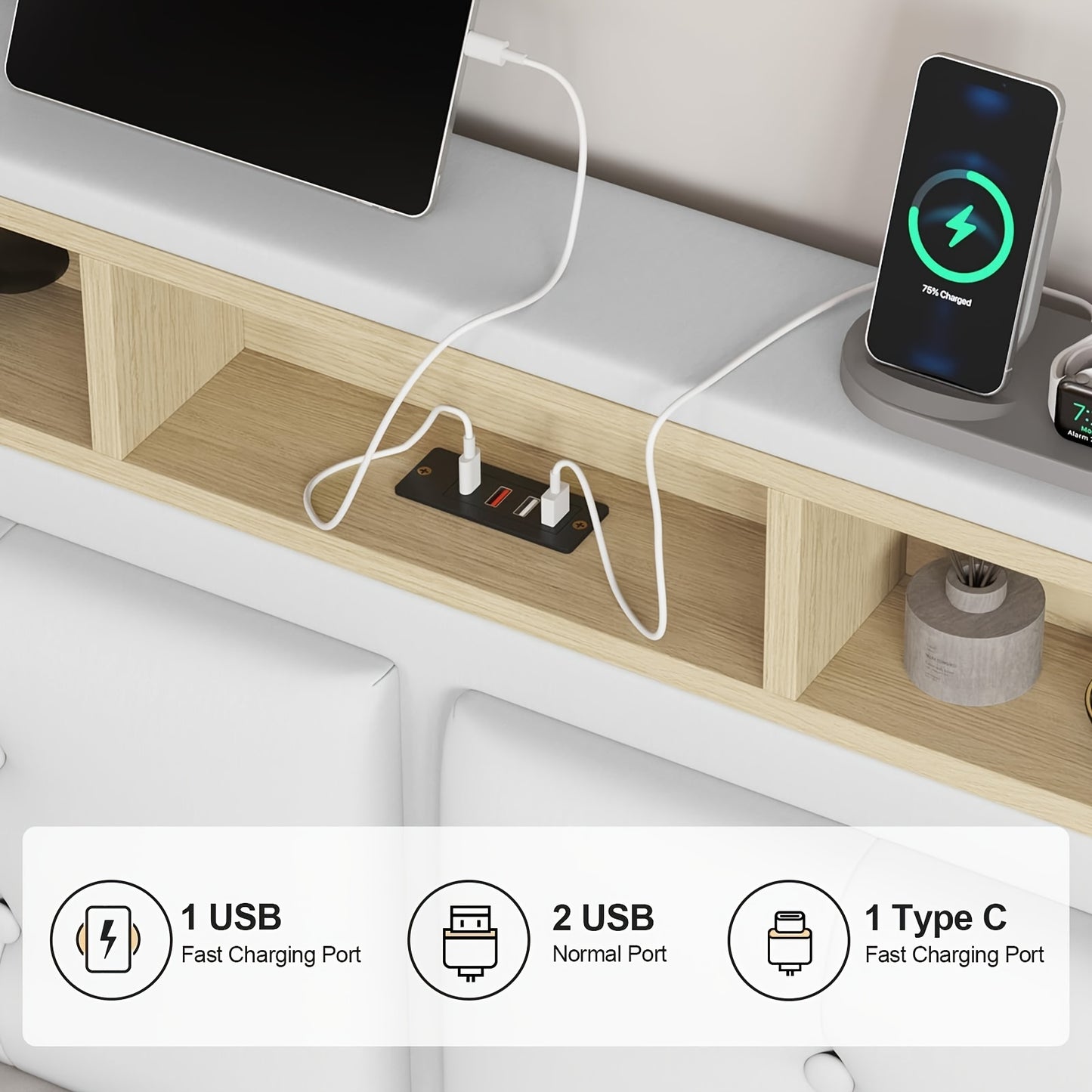 Queen Size Floating Bed Frame With LED Lights And Charging Station, Modern Queen Size Visible Floating Platform Bed Frame With Storage Headboard, White