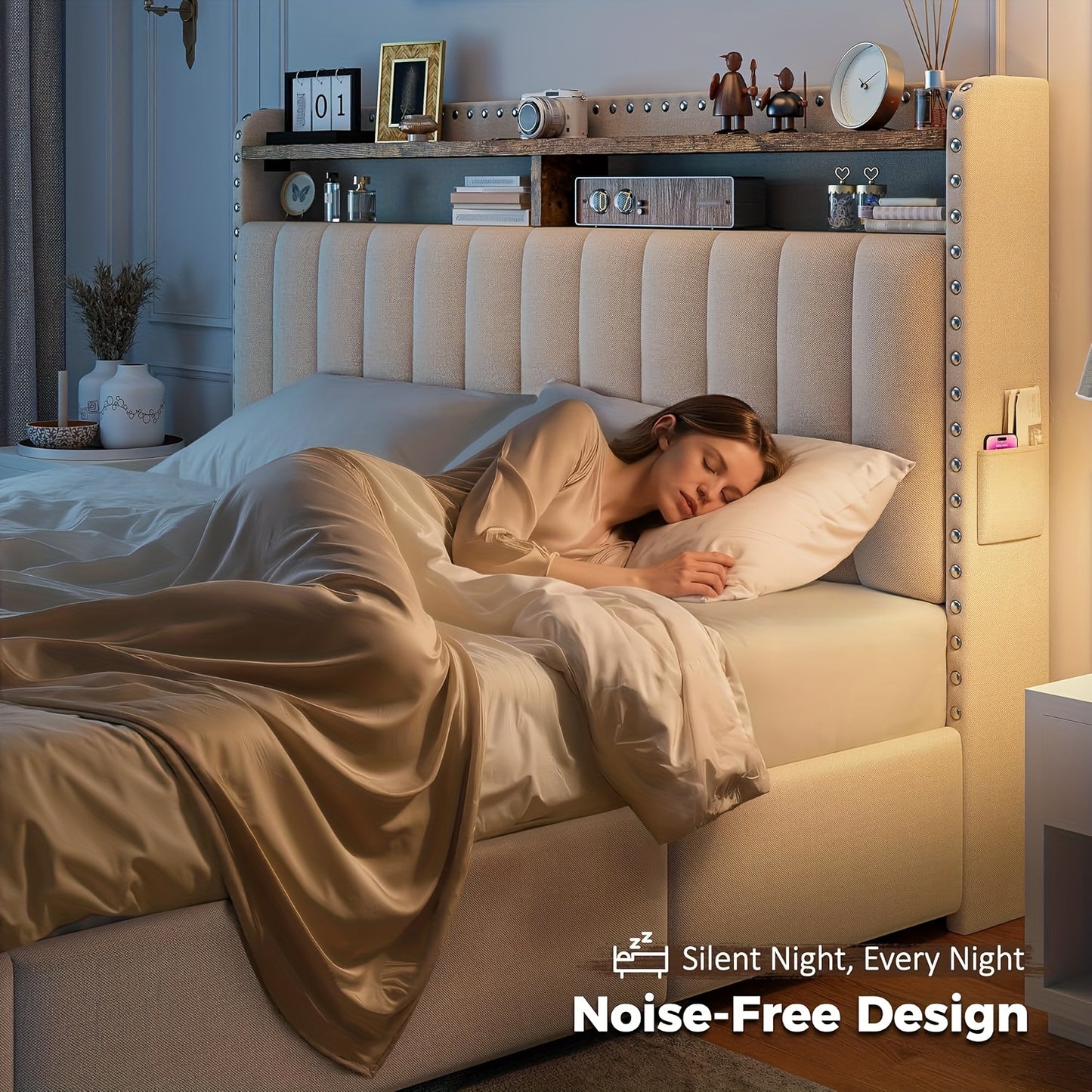 ENHOMEE King Size Upholstered Storage Bed with 3 Drawers & 2-Tier Nightstand Shelves - Modern Platform Bed Frame, Quick Assembly, Metal Frame, Contemporary Style