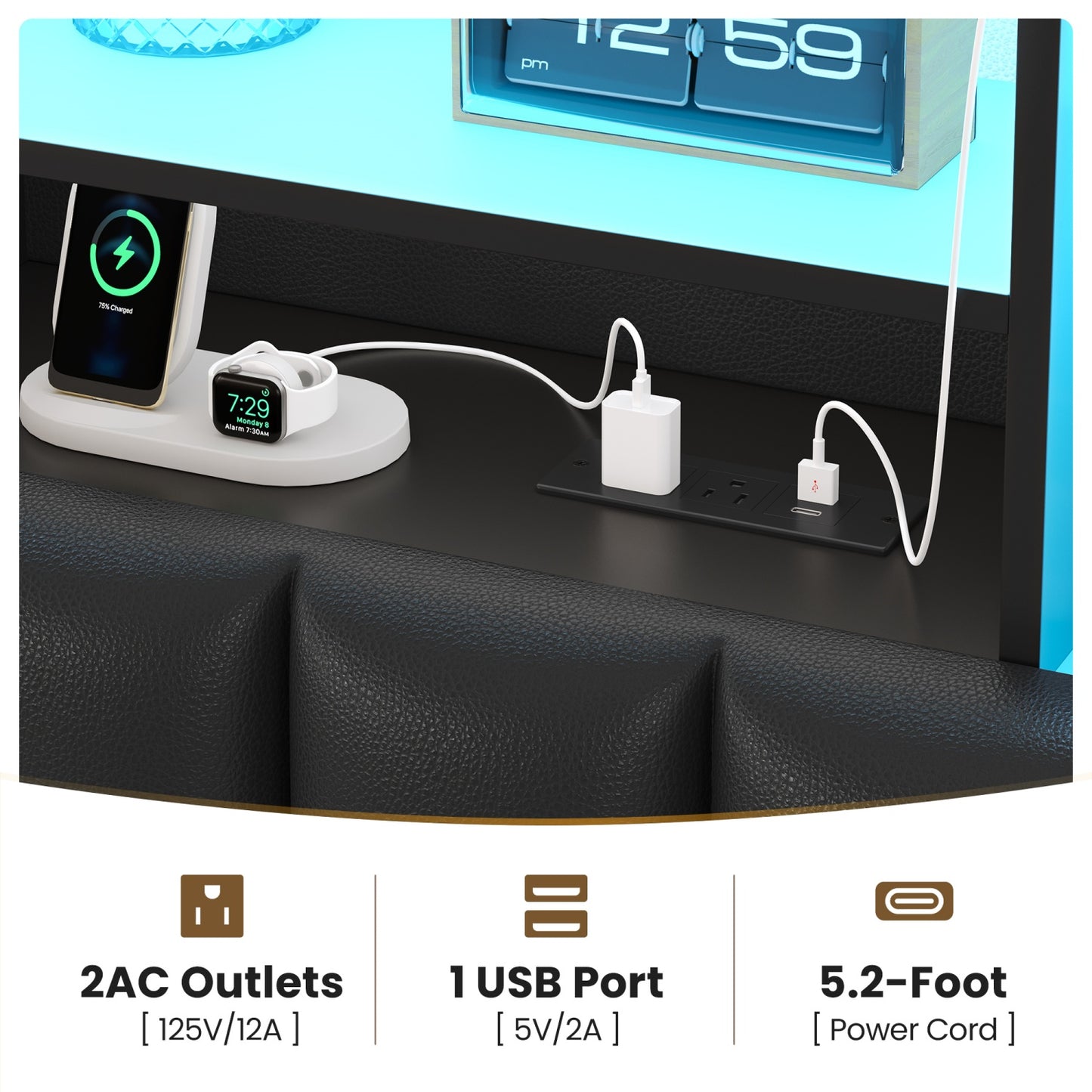 Queen Size Storage Bed Frame with LED Lights and Charging Station | Modern Upholstered Bed, Faux Leather, Bookcase Headboard, Drawers, Metal Slats, No Box Spring Needed, Black