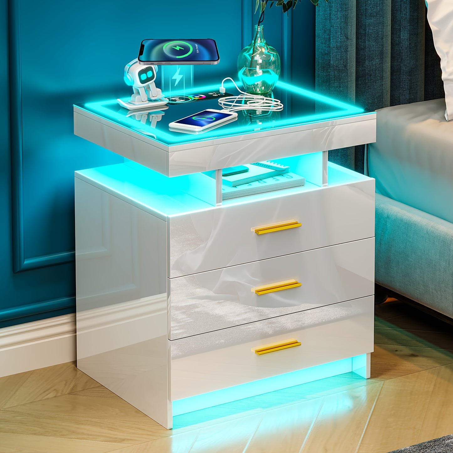Lvifur High Gloss Nightstand With Wireless Charging Station, Smart Night Stand With RGB Dynamic Lighting, Modern Bed Side Table With Drawers Sliding Tray, Glass Tabletop