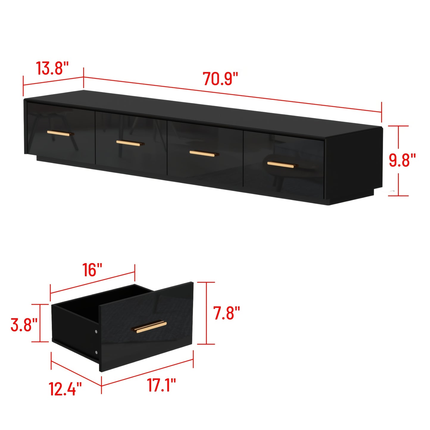 Modern High Gloss TV Stand, Floor Standing TV Cabinet, Gaming And Entertainment Center Console Table, with 4 Drawers And LED Lights, Stylish Design, Black
