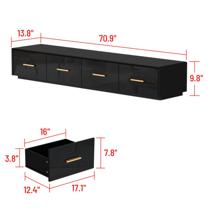 Modern High Gloss TV Stand, Floor Standing TV Cabinet, Gaming And Entertainment Center Console Table, with 4 Drawers And LED Lights, Stylish Design, Black