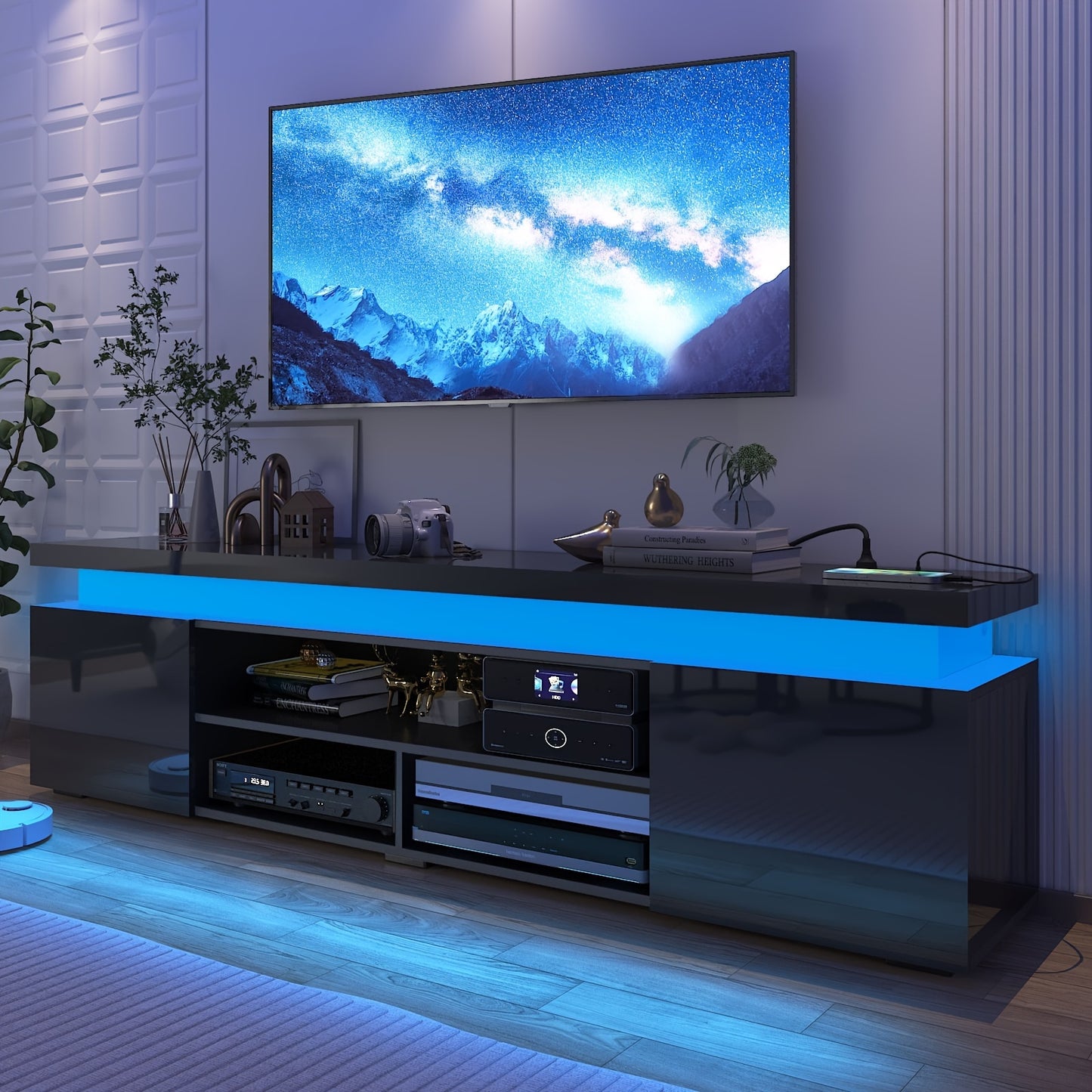 LED TV Stand For 85 Inch TV, Modern Gaming TV Stand With Power Outlet, High Gloss TV Console Entertainment Center With Storage And LED Lights For Living Room, Bedroom