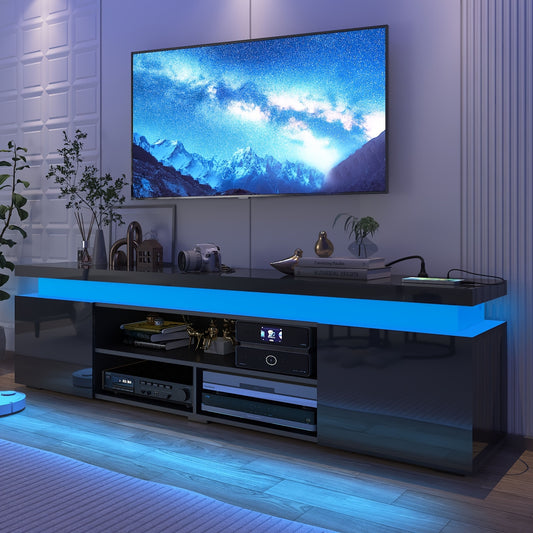 LED TV Stand For 85 Inch TV, Modern Gaming TV Stand With Power Outlet, High Gloss TV Console Entertainment Center With Storage And LED Lights For Living Room, Bedroom