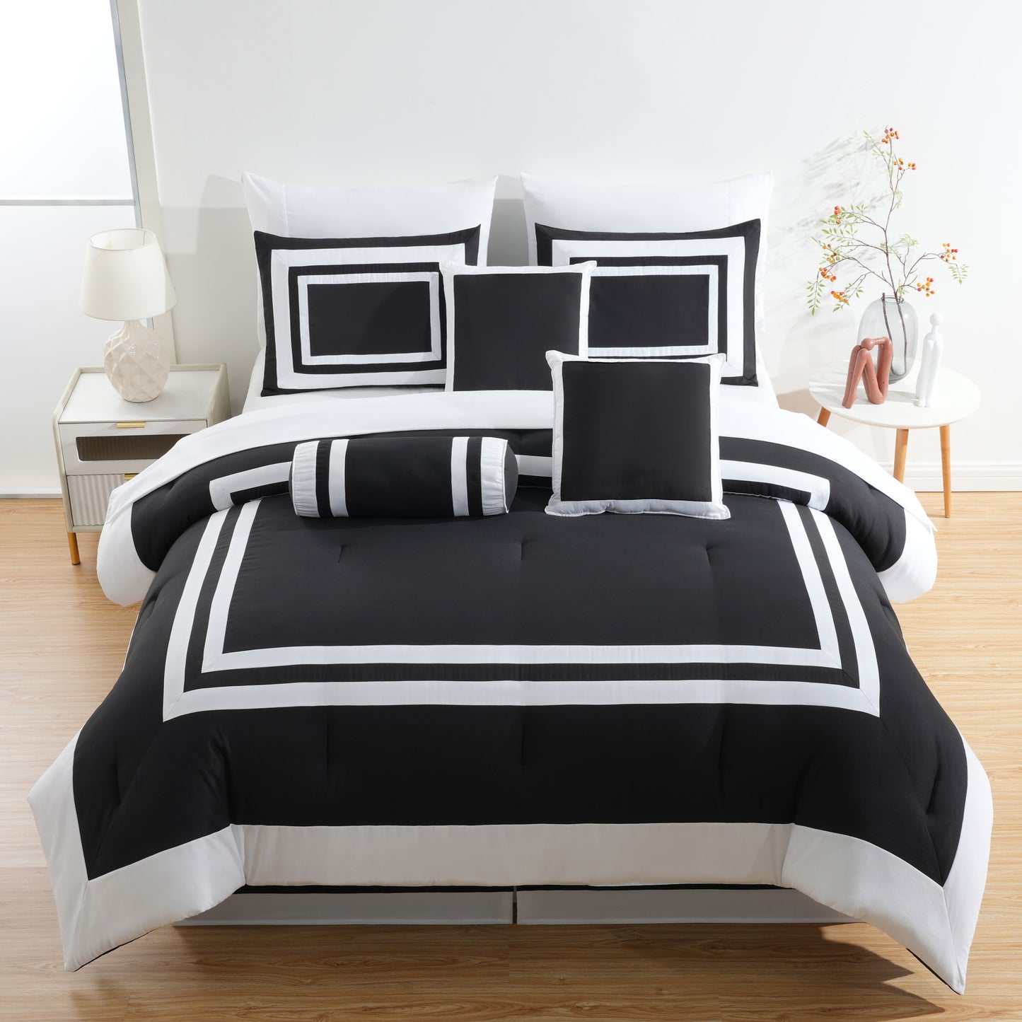 Caprice 7-Piece Modern Hotel Style Square Pattern Comforter Set with Decorative Pillows, Cal King/King/Queen/Full Size