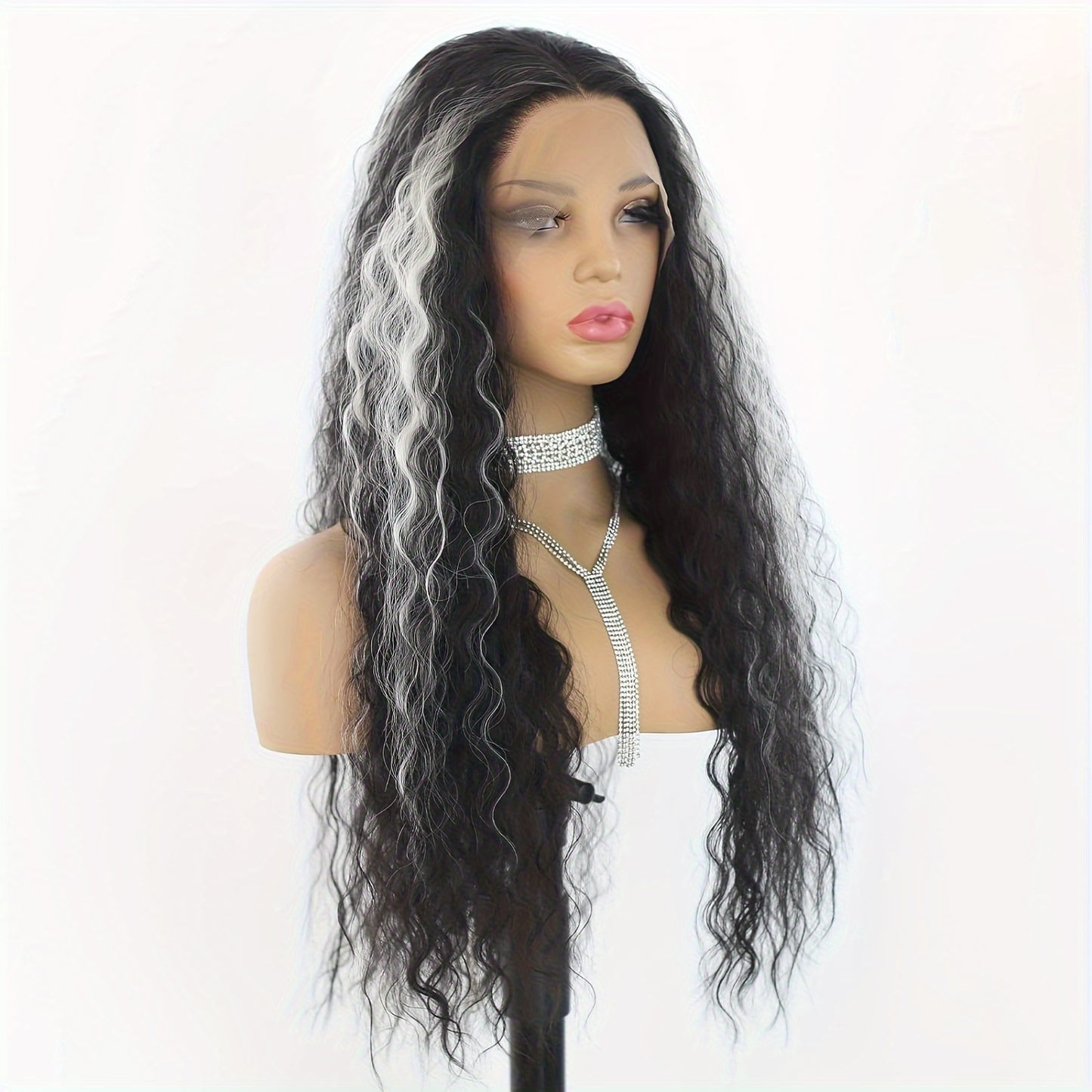 13*4 Lace Front Wigs White Highlights Lace Front Wig Long Deep Curly Wig Glueless Synthetic Heat Resistant Fiber Colored Lace Wig With Baby Hair Black and Grey Highlight Colorful Loose Curly Wigs for Women 26 Inch