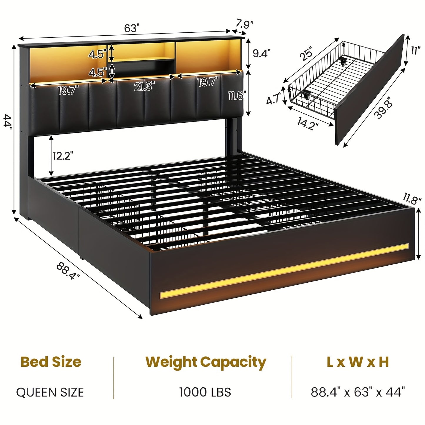 MSmask Queen Size LED Bed Frame with Storage Headboard, 4 Drawers & Bookcase - Contemporary Metal Design, RGB Lighting, Built-in Charging Station, Ideal for Modern Bedrooms