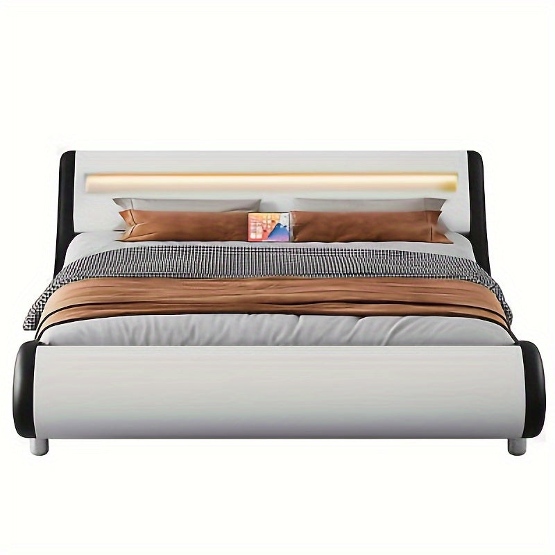 Queen Bed Frame with Ergonomic Headboard, Upholstered Led Bed Frame with Lights and Charging Station, Platform Bed Frame with Premium Pu Leather No Box Spring Needed, White
