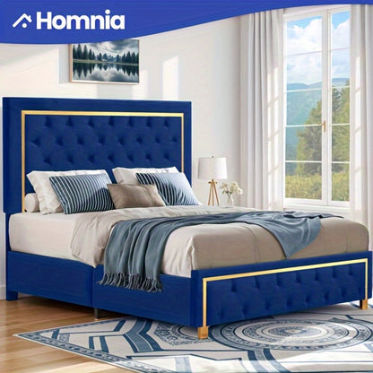 IndustraGear Queen Size Bed Frame with 51. 52Inch Tall Button Tufted Headboard, Velvet Upholstered Platform Bed Frame with Golden Trim, Modern Bed Frame/ No Box Spring Required/ Blue