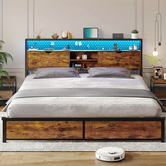 King Size Bed Frame With Led Light Charge Station Wood Metal Platform Bed Headbord Storage