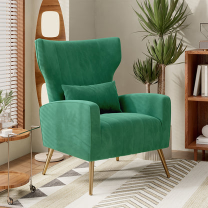 Modern Velvet Accent Chair with Metal Legs and Head Support – Cozy Mid-Century Reading Armchair, Includes Cushion and Footrest, Available in Gray/Yellow/Black