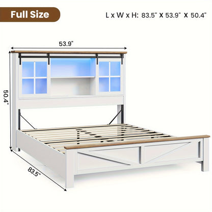 Farmhouse Queen Size Bed Frame with Bookcase Headboard Platform Bed Frames with LED Lights & Charging Station, Queen Storage Bed with Sliding Barn Door, Noiseless, White