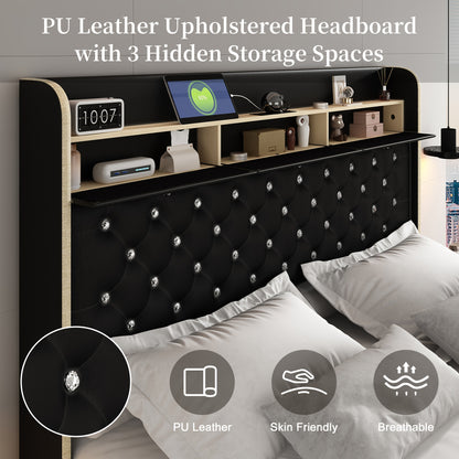 Queen Led Bed Frame With Galaxy Aurora Star Projector, Full Size Platform Bed With 2 Removable Storage Drawers, 52" Crystal Button Tufted Upholstered Headboard King Bed With Charging Station, Noise Free, No Box Spring Needed,