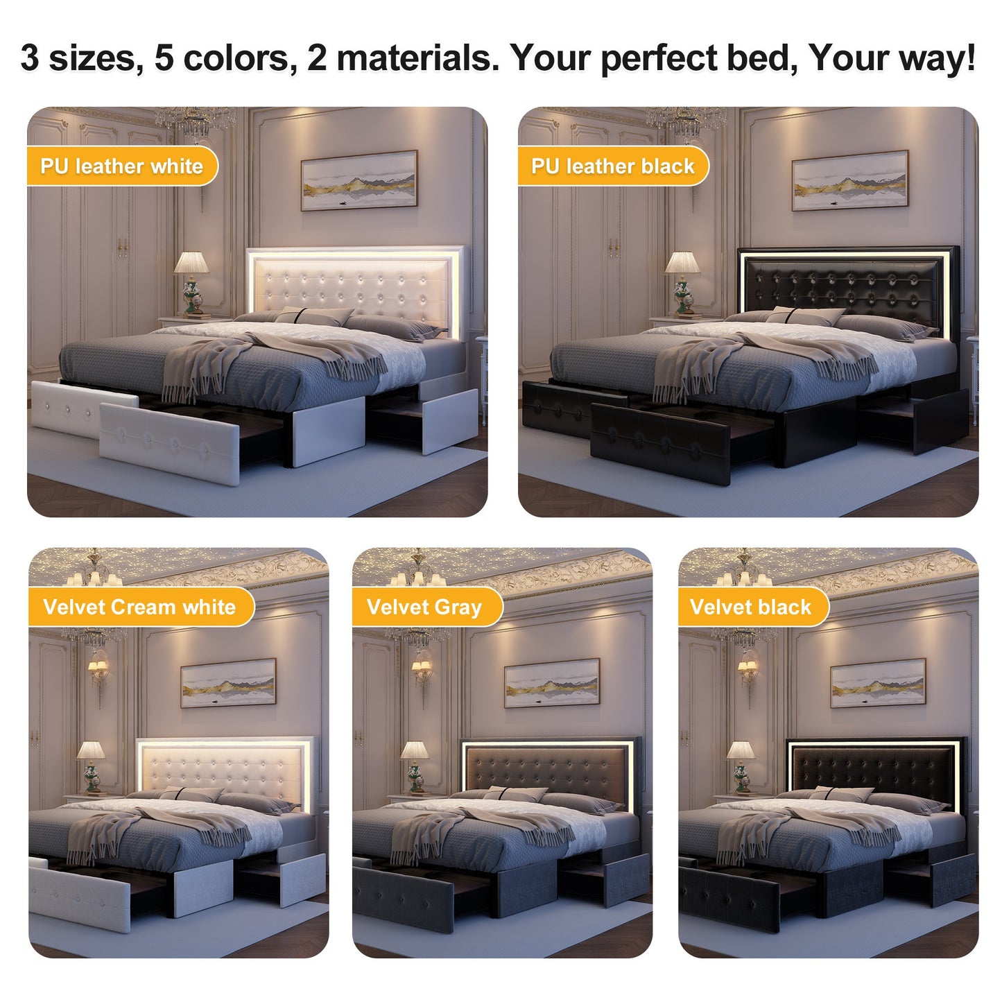LED Queen Bed Frame - 4 Drawers & Adjustable Headboard