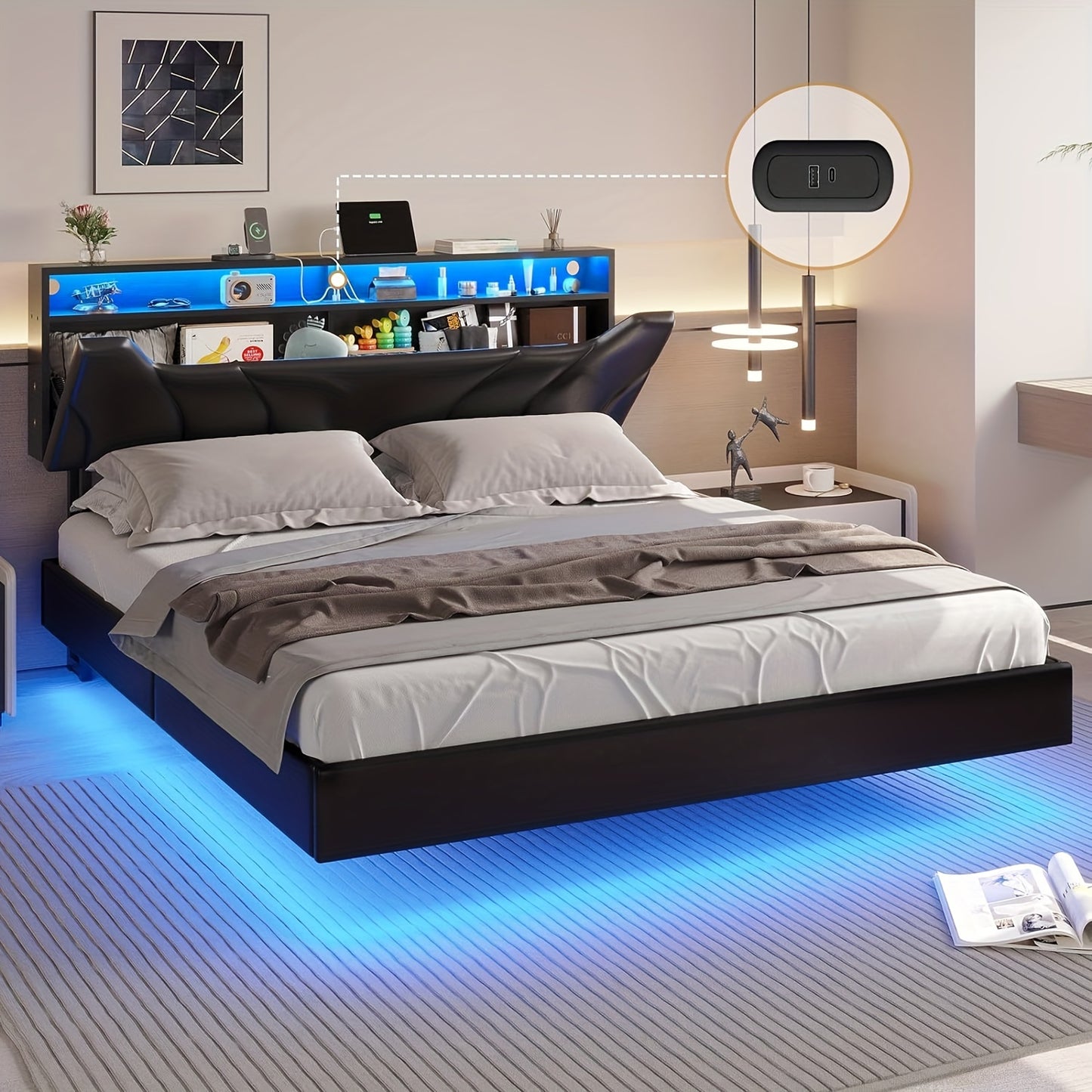 Full Size LED Bed Frame with Charging Station, Floating Bed with Storage Headboard and Open Shelf for Bedroom, Black