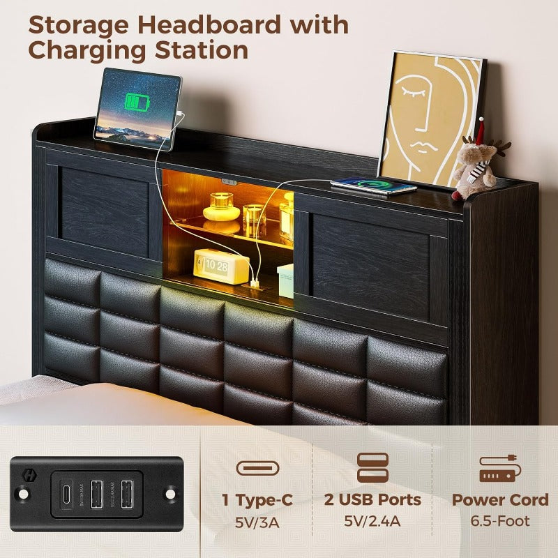 Greenstell Bed Frame Twin/Full/Queen Size with Charging Station, Bookcase Headboard Bed with LED Light and Sliding Doors, Platform Bed with Wooden Slats, No Box Spring Needed, Noise Free