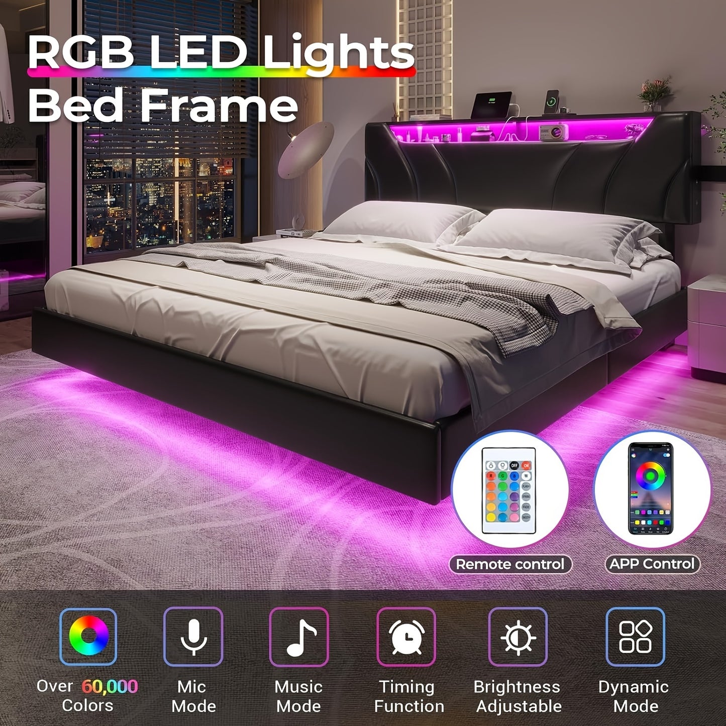 Full Size LED Bed Frame with Charging Station, Floating Bed with Storage Headboard and Open Shelf for Bedroom, Black