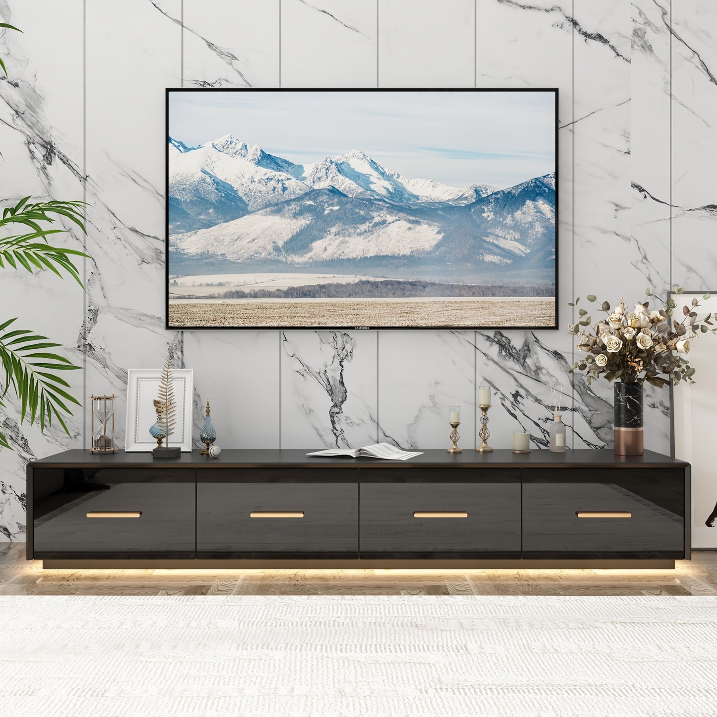 Modern High Gloss TV Stand, Floor Standing TV Cabinet, Gaming And Entertainment Center Console Table, with 4 Drawers And LED Lights, Stylish Design, Black