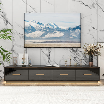 Modern High Gloss TV Stand, Floor Standing TV Cabinet, Gaming And Entertainment Center Console Table, with 4 Drawers And LED Lights, Stylish Design, Black