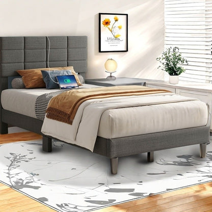 Twin/Full/Queen/King Size Platform Bed Frame with Fabric Upholstered Headboard and Wooden Slats Support, Leather Upholstered Headboard, and Built-in Charging Station, Upholstered Mattress Foundation/No Box Spring Needed/Easy