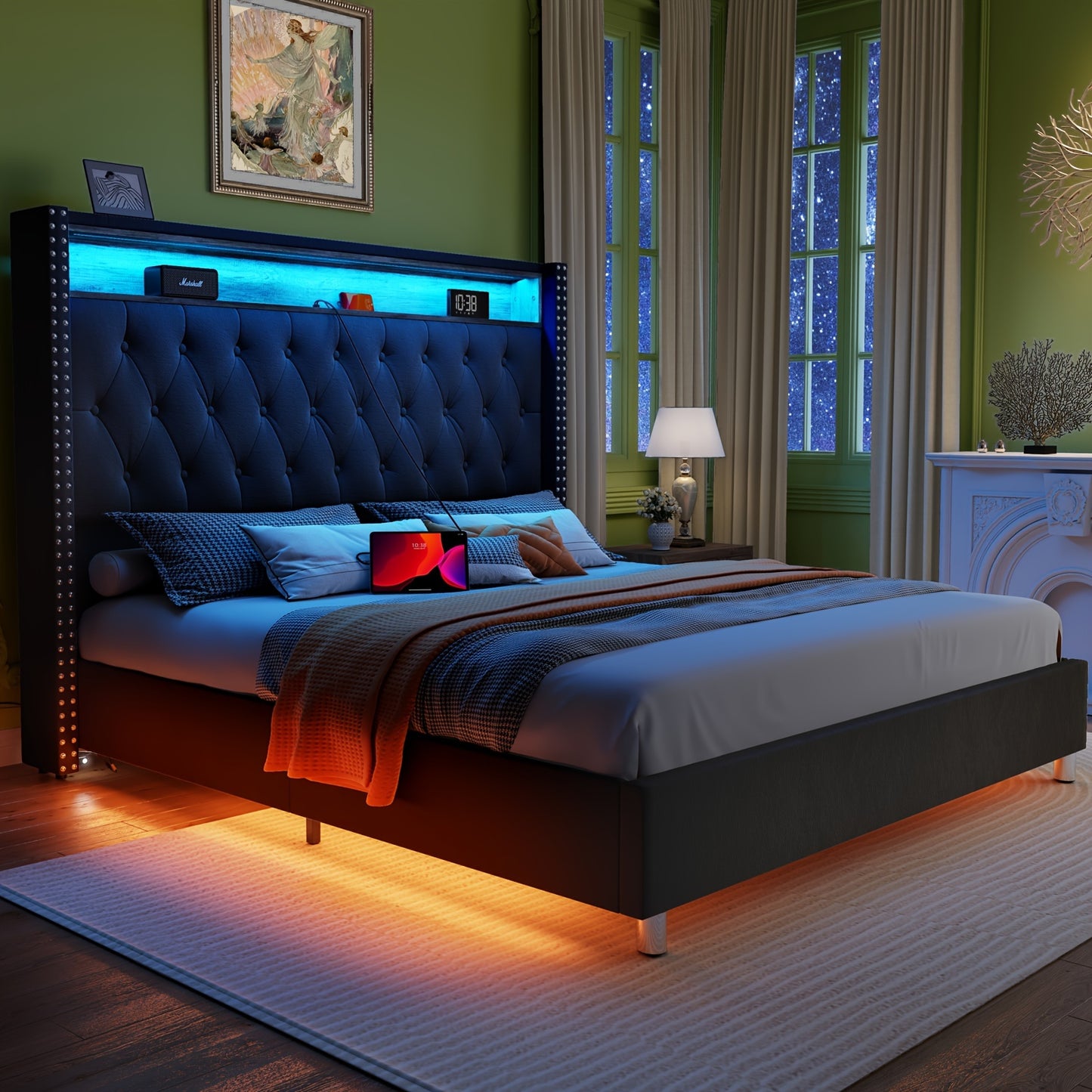 PaPaJet LED Bed Frame with Charging Ports Velvet Upholstered Bed Frame with Button Tufting Headbord