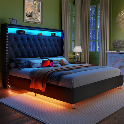 PaPaJet LED Bed Frame with Charging Ports Velvet Upholstered Bed Frame with Button Tufting Headbord