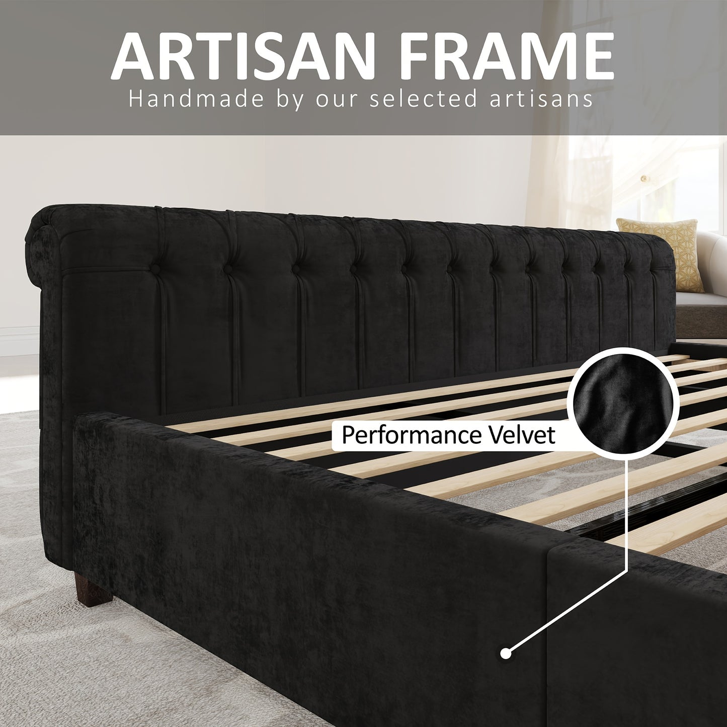 Platform Bed Frame, Chenille Upholstered Sleigh Bed with Scroll Wingback Headboard & Footboard/Button Tufted/No Box Spring Required/