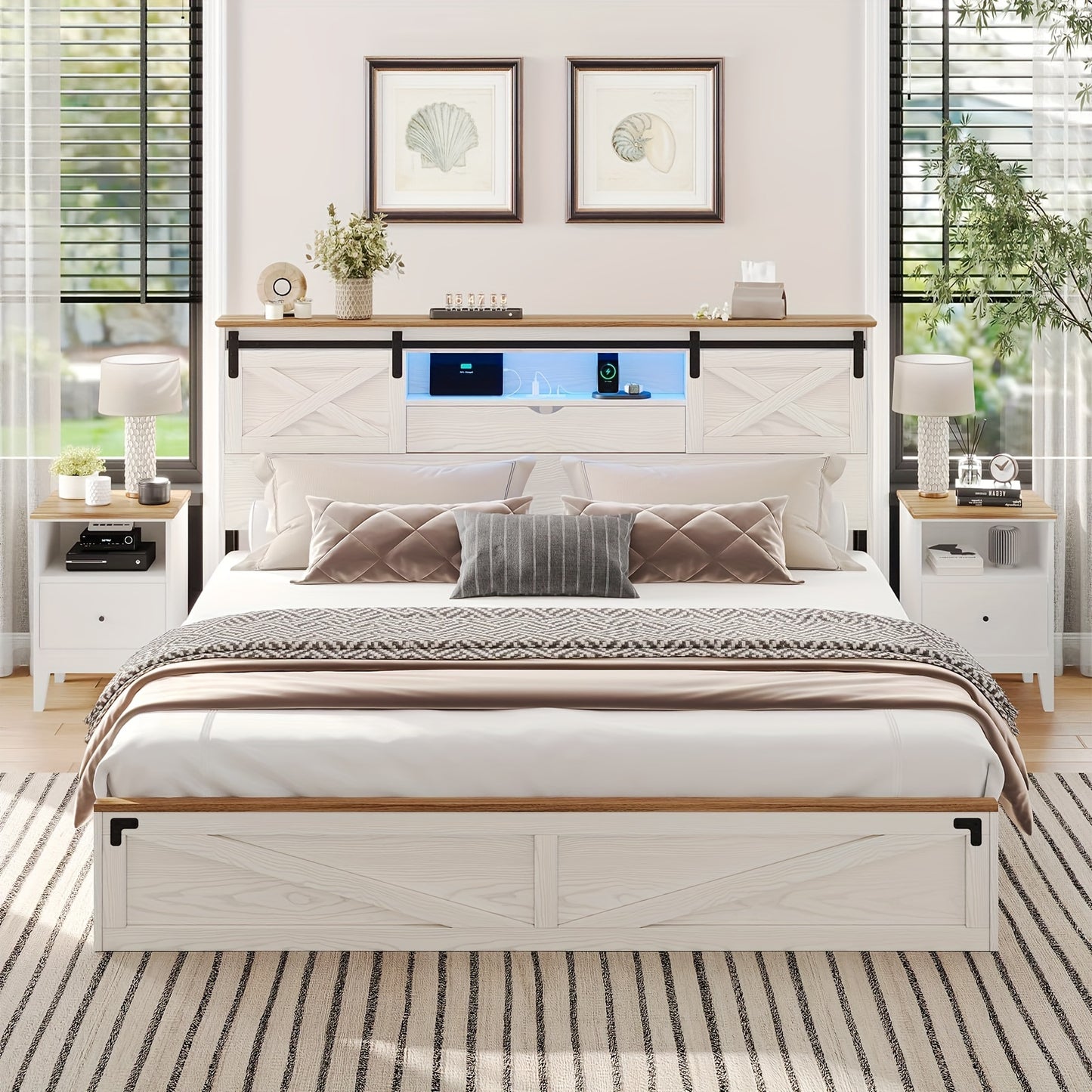Queen/King/California King Farmhouse Bed Frame With LED Lights And Charging Station, Rustic Platform Bed Frame With 2 Storage Drawers And Headboard, White