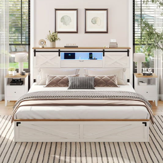 Queen/King/California King Farmhouse Bed Frame With LED Lights And Charging Station, Rustic Platform Bed Frame With 2 Storage Drawers And Headboard, White