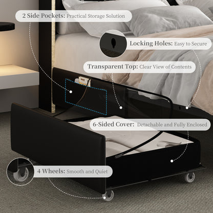 Queen Led Bed Frame With Galaxy Aurora Star Projector, Full Size Platform Bed With 2 Removable Storage Drawers, 52" Crystal Button Tufted Upholstered Headboard King Bed With Charging Station, Noise Free, No Box Spring Needed,
