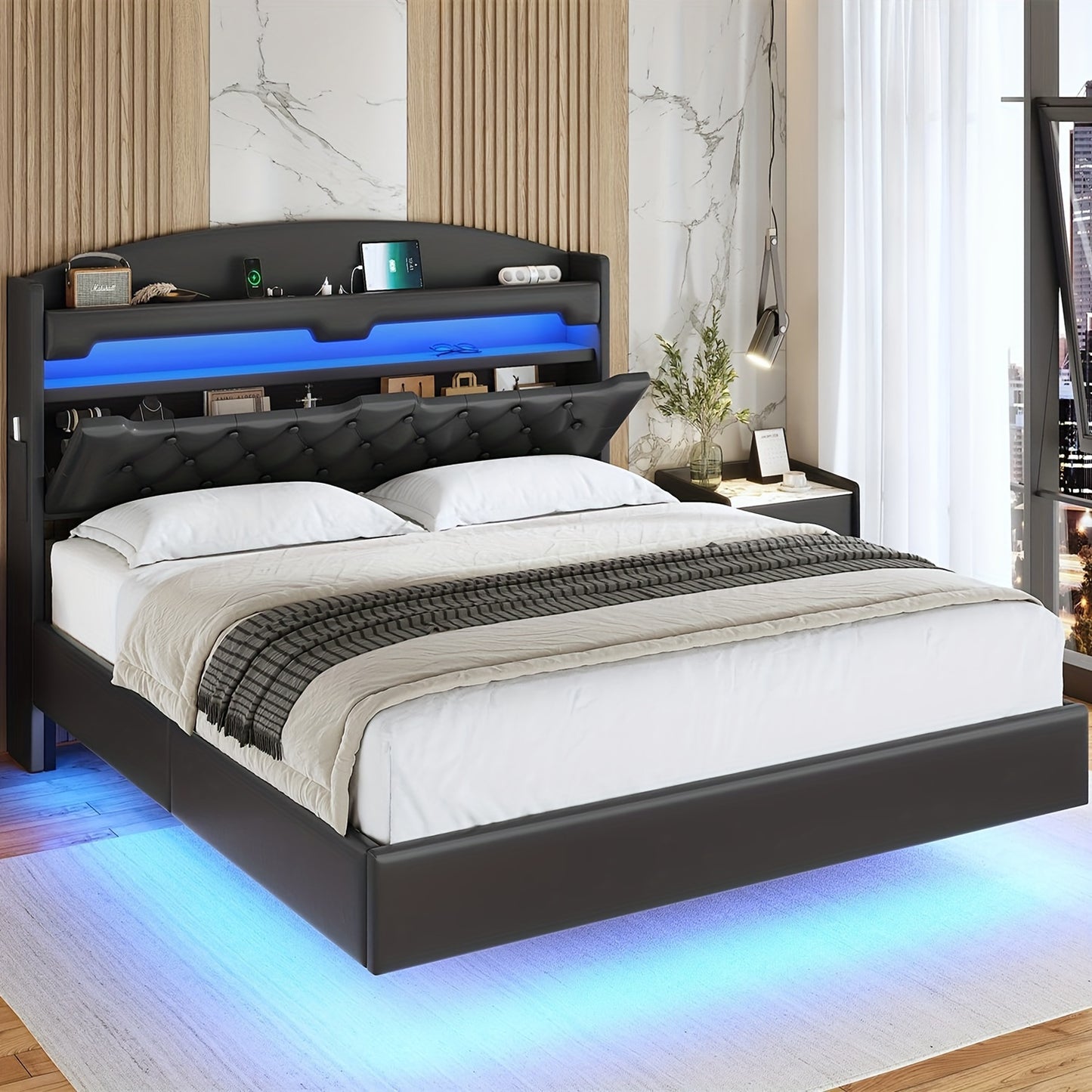 King Size Floating Bed Frame with LED Lights and Charging Station, Upholstered Leather Platform King Bed Frame with Hidden Storage Headboard, No Box Spring Needed, Black PU