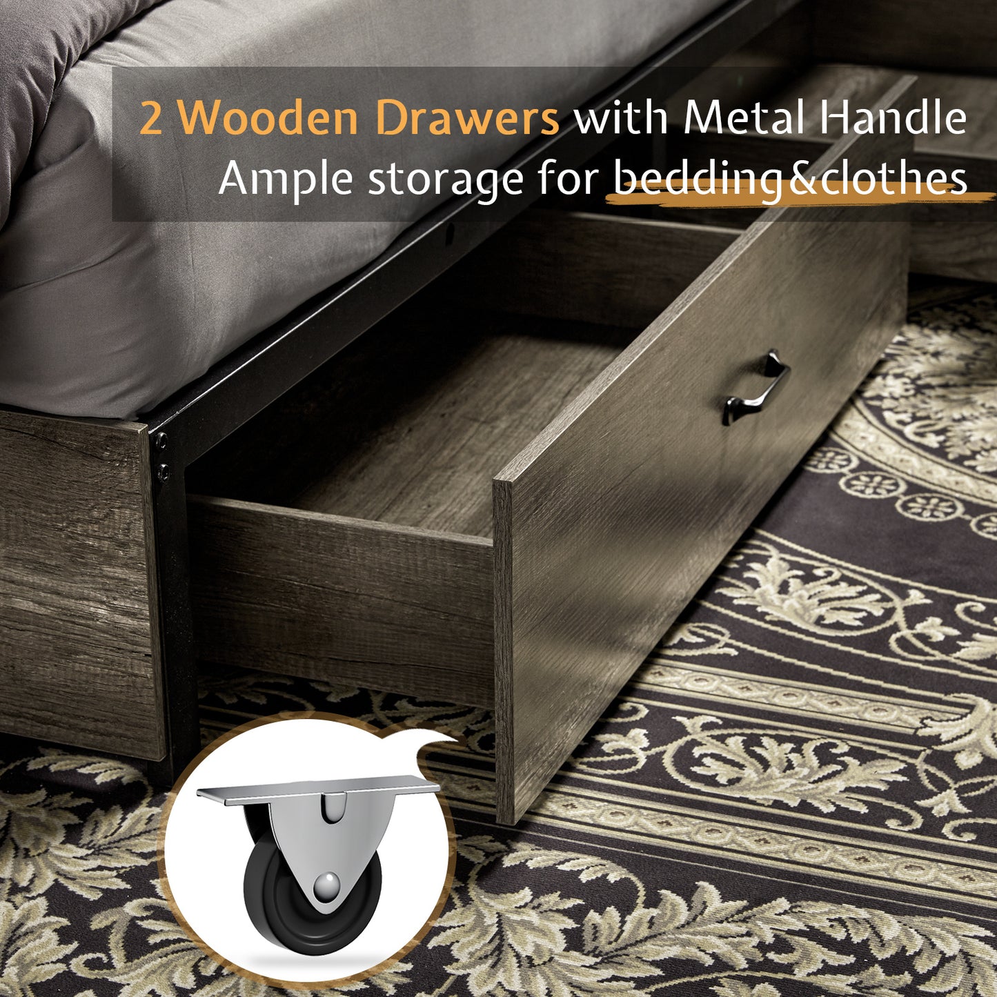 Farmhouse-Style Wooden Platform Bed Frame Boasting a 51.2" Bookcase Headboard, Integrated Storage with a Sliding Barn Door Charging Station and 2 Drawers - No Box Spring Required, Totally Noise-Free