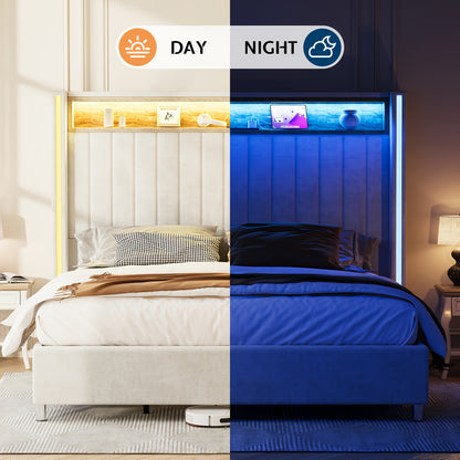 PaPaJet Bed Frame with LED Lights And Charging Station, Velvet Upholstered Platform Bed with 53" Tall Storage Headboard And Wingbacks, No Box Spring Needed