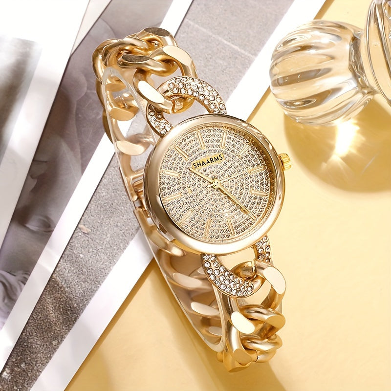 2 Pcs New Fashion Retro Golden Quartz Watch + Simple Rhinestone Bracelet Set, Classic Gift for Friends
