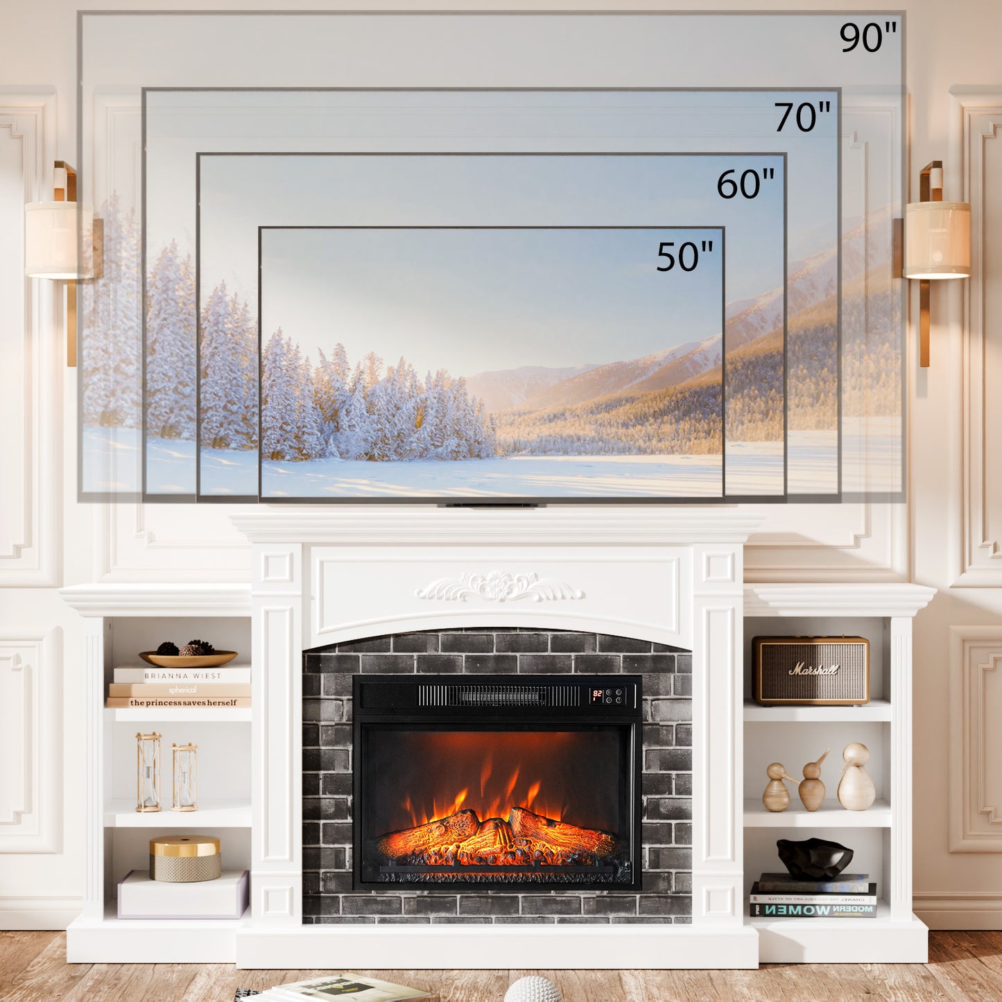 90" TV Stand with Electric Fireplace, White Console Table with Glass Doors & Adjustable Shelving Unit for Living Room or Bedroom - Cozy Mantel Design with Storage Cabinet and Display Shelves, Multimedia Center | Classic Mante