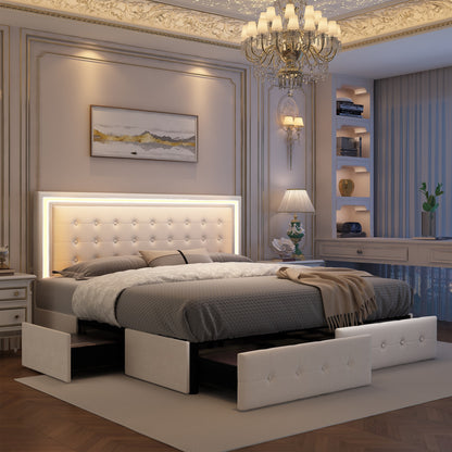 LED Queen Bed Frame - 4 Drawers & Adjustable Headboard