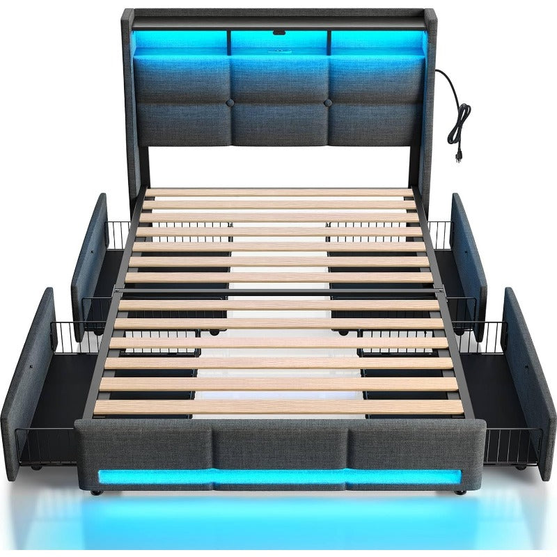 Twin Full Queen Bed Frame with LED Lighting, Built-in Charging Station, have RemotePU Leather/neutral-toned linen fabric Storage Headboard & Drawers,Heavy Duty Wood Slats, Quick & Easy Assembly - Perfect for Bedroom Furniture