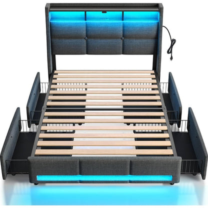 Twin Full Queen Bed Frame with LED Lighting, Built-in Charging Station, have RemotePU Leather/neutral-toned linen fabric Storage Headboard & Drawers,Heavy Duty Wood Slats, Quick & Easy Assembly - Perfect for Bedroom Furniture