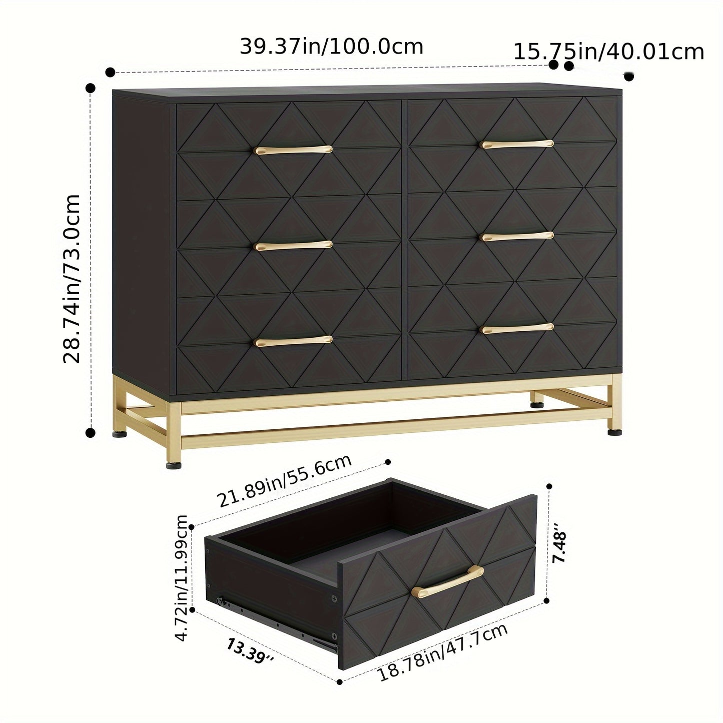 6-Drawer Dresser TV Stand - Wood Chest with Metal Handles