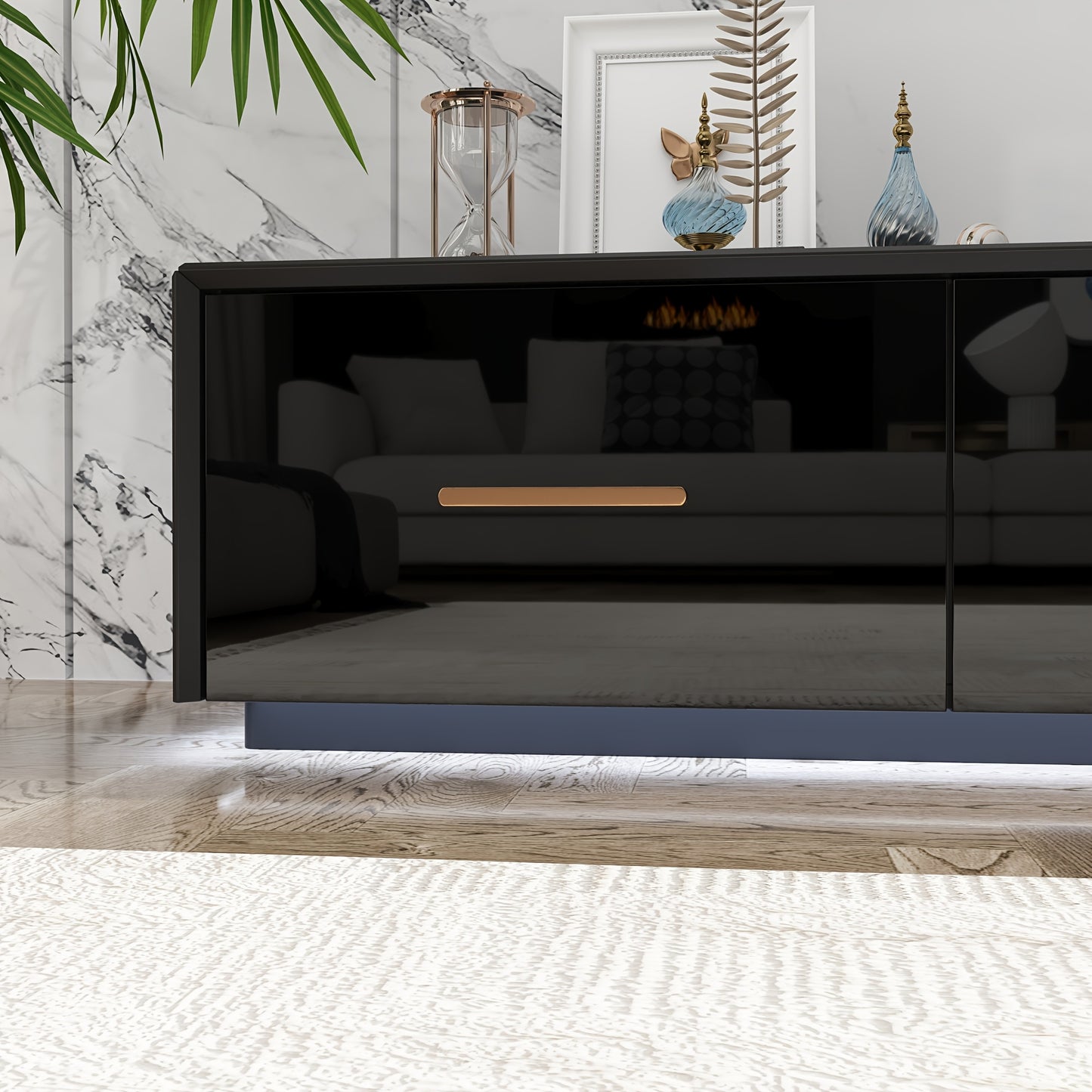 Modern High Gloss TV Stand, Floor Standing TV Cabinet, Gaming And Entertainment Center Console Table, with 4 Drawers And LED Lights, Stylish Design, Black