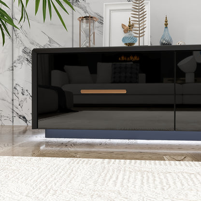 Modern High Gloss TV Stand, Floor Standing TV Cabinet, Gaming And Entertainment Center Console Table, with 4 Drawers And LED Lights, Stylish Design, Black
