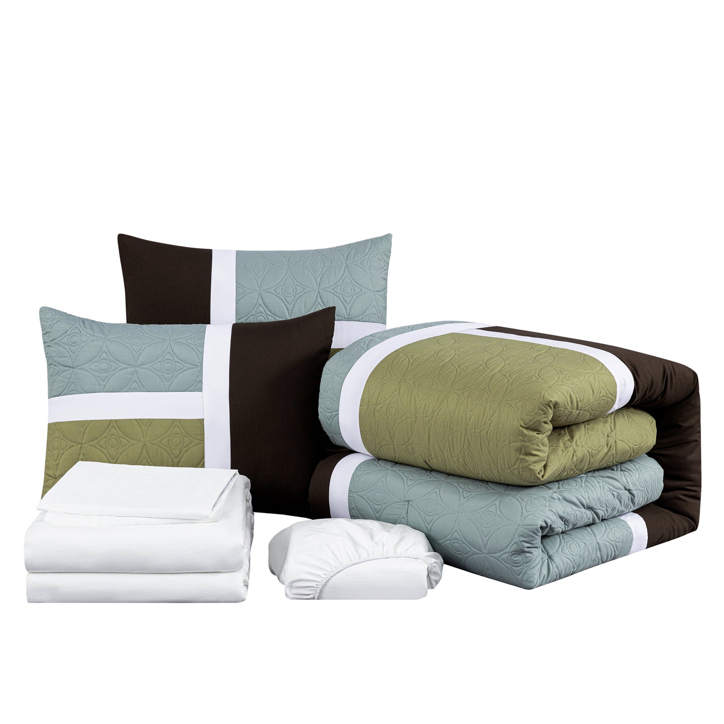 Bernard 7-Piece Patchwork Quilted Medallion Bed in a Bag Comforter Set with Sheets, California King/King/Queen/Full Size