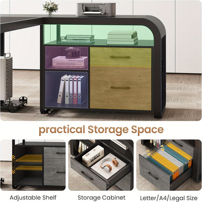 Modern 63" L-Shaped Executive Desk with Mobile CPU Stand, File Cabinet & Drawers - Spacious Gray Metal Office Desk for Home, Workspace Storage & Charging Station, Adjustable Height, Minimalist Design, Workspace Furniture | Mo