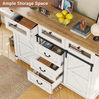 Farmhouse Dresser with LED Lights & Glass Drawers, Chest of Drawers with Sliding Barn Doors for Living Room Bedroom Entryway, White