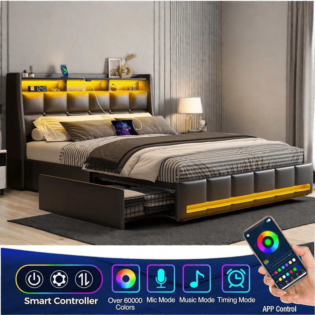Twin Full Queen Bed Frame with LED Lighting, Built-in Charging Station, have RemotePU Leather/neutral-toned linen fabric Storage Headboard & Drawers,Heavy Duty Wood Slats, Quick & Easy Assembly - Perfect for Bedroom Furniture