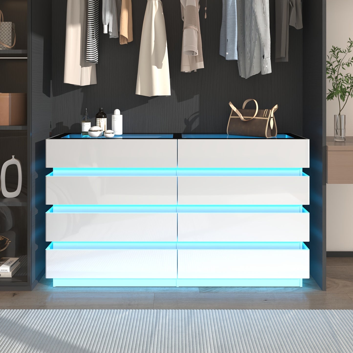 Modern 8-Drawer Dresser with Glass Top, High Gloss White Chest of Drawers, RGB LED Illumination, Wood-Based Panel & Hardwood Jewelry Display, with Closed Storage <3.2 Cubic Feet, for Bedroom, Living Room - US Plug, 110-130V