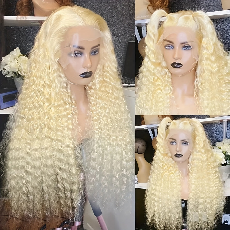 13x4 Blonde Middle Part Curly Wigs Lace Front 613 Blonde  Glueless Wavy Wig Cap Headband Curly Wig for Women with Natural Hairline Glueless Synthetic Heat Resistent Wigs 26 inch for Daily Party